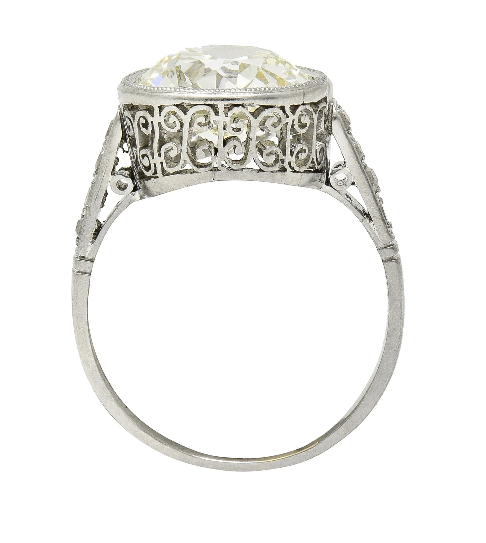 Art Deco 3.22 CTW Old Eurpean Cut Diamond Platinum Scroll Bezel Vintage Engagement Ring GIA