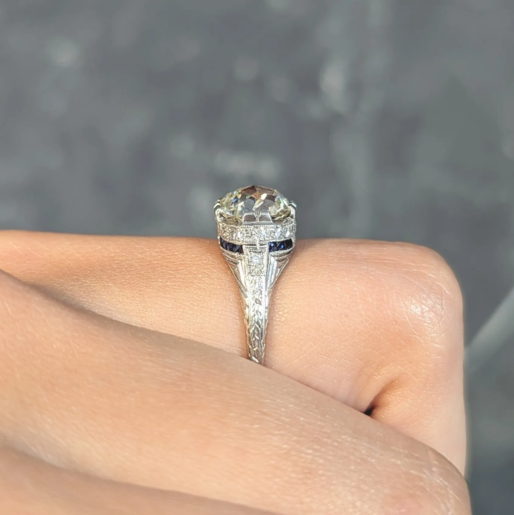Art Deco 3.29 CTW Jubilee Diamond Sapphire Platinum Vintage Engagement Ring GIA