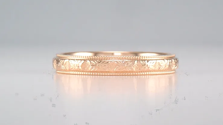 Art Deco Antique Style Dogwood Flowers Wedding Band in 14 Karat Rose ( Pink ) Gold - 3mm Wide