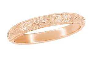 Art Deco Antique Style Dogwood Flowers Wedding Band in 14 Karat Rose ( Pink ) Gold - 3mm Wide