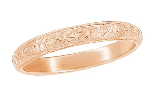 Art Deco Antique Style Dogwood Flowers Wedding Band in 14 Karat Rose ( Pink ) Gold - 3mm Wide