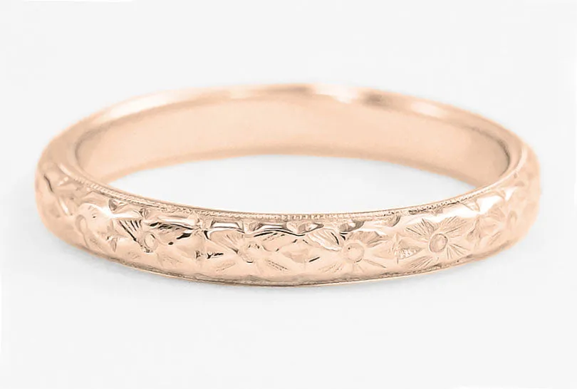 Art Deco Antique Style Dogwood Flowers Wedding Band in 14 Karat Rose ( Pink ) Gold - 3mm Wide