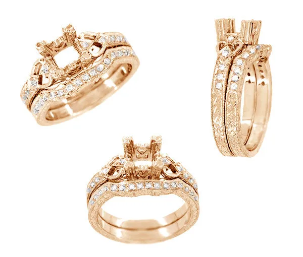 Art Deco Antique Style Loving Hearts Contoured Engraved Wheat Diamond Wedding Ring in 14 Karat Rose ( Pink ) Gold