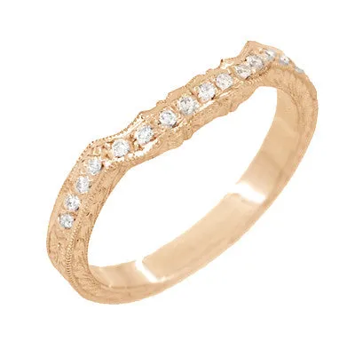 Art Deco Antique Style Loving Hearts Contoured Engraved Wheat Diamond Wedding Ring in 14 Karat Rose ( Pink ) Gold