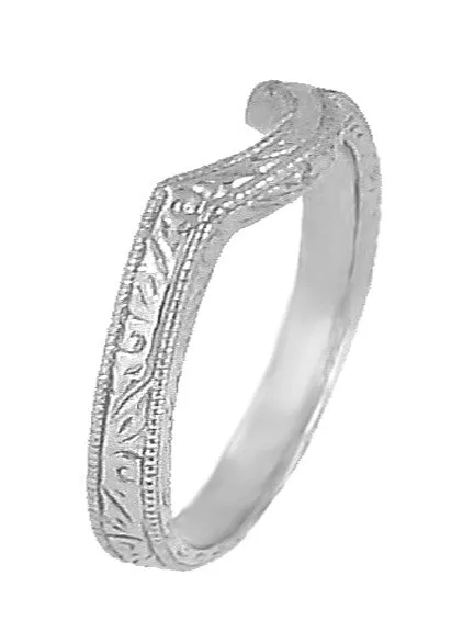 Art Deco Carved Scrolls Contoured Wedding Band in White Gold