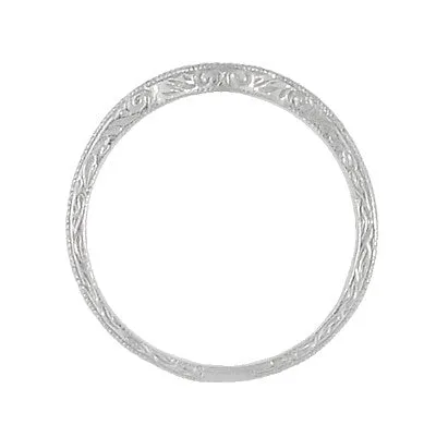 Art Deco Carved Scrolls Contoured Wedding Band in White Gold