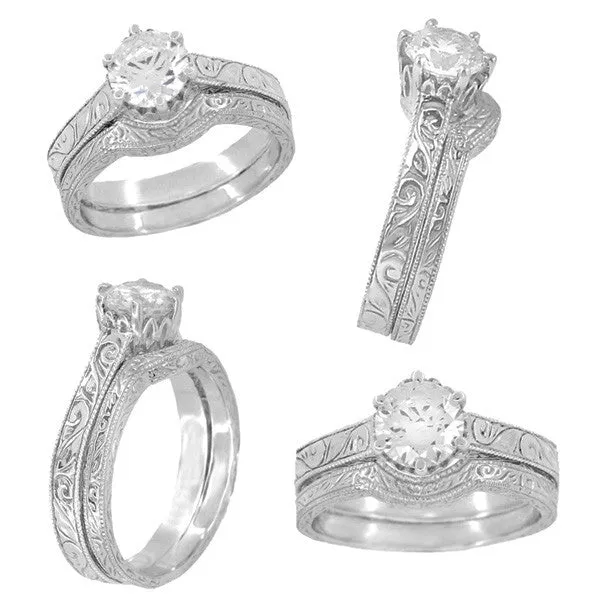 Art Deco Carved Scrolls Contoured Wedding Band in White Gold