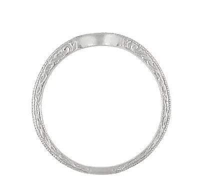 Art Deco Carved Scrolls Contoured Wedding Band in White Gold