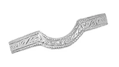 Art Deco Carved Scrolls Contoured Wedding Band in White Gold