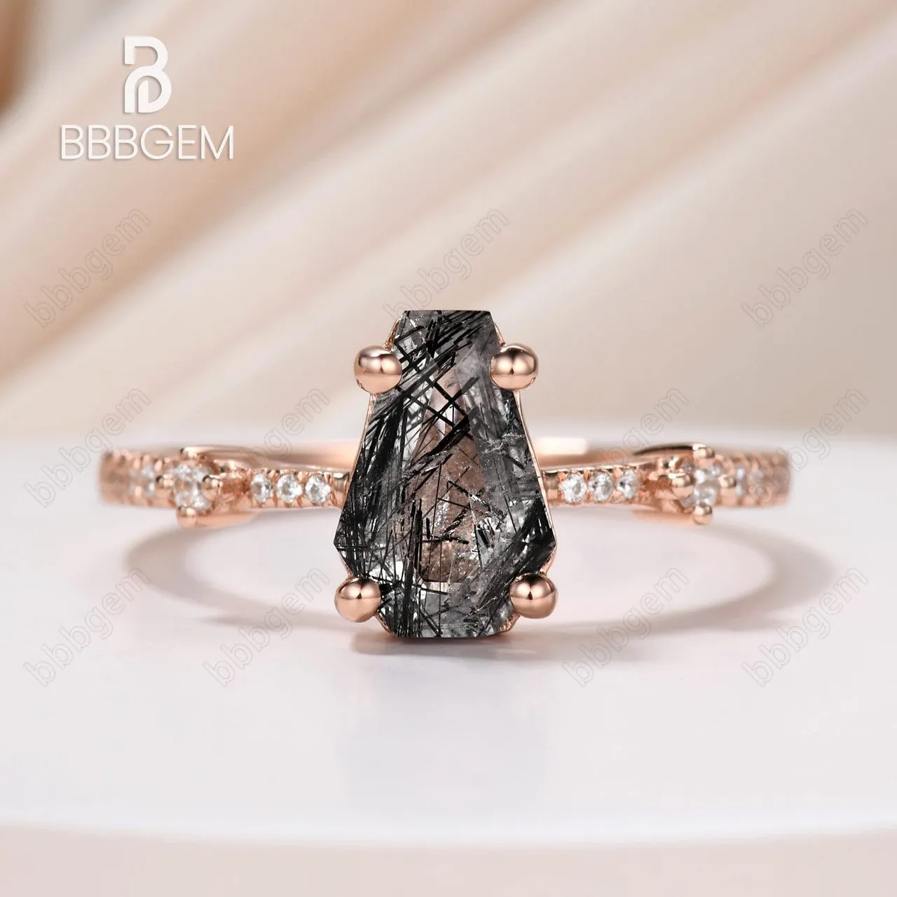 Art Deco Coffin Shaped Black Rutilated Quartz Engagement Ring Vintage Antique Wedding Ring