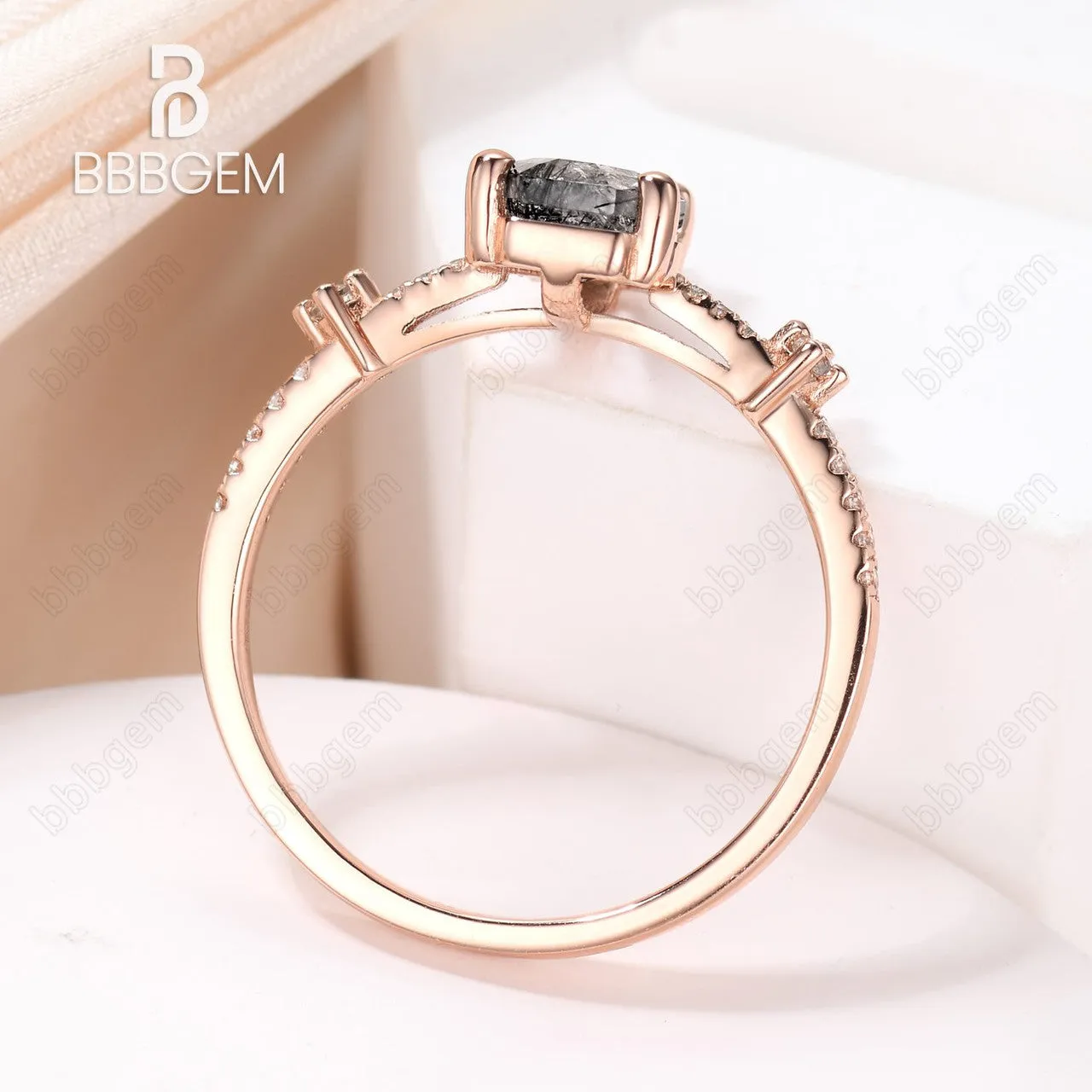 Art Deco Coffin Shaped Black Rutilated Quartz Engagement Ring Vintage Antique Wedding Ring