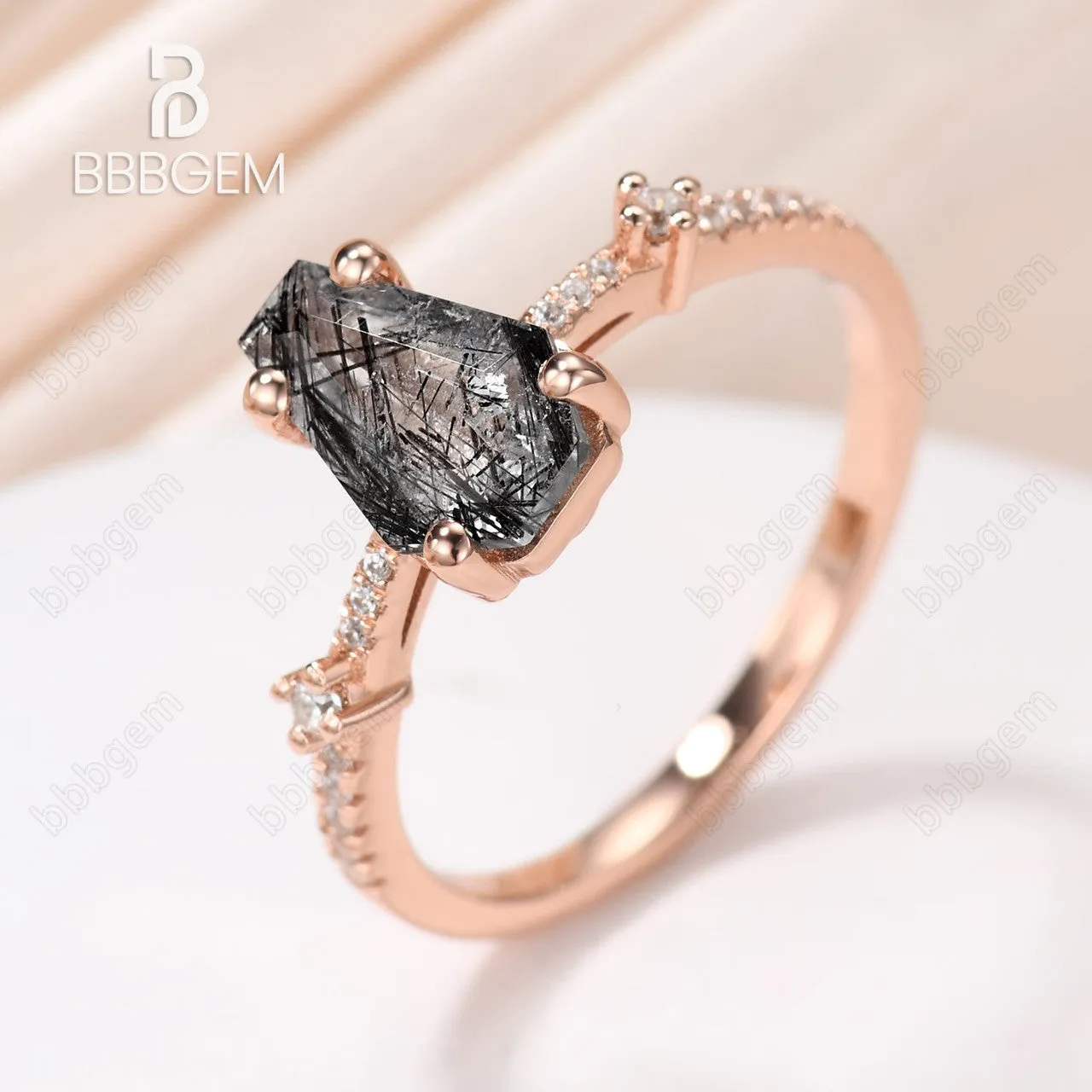 Art Deco Coffin Shaped Black Rutilated Quartz Engagement Ring Vintage Antique Wedding Ring