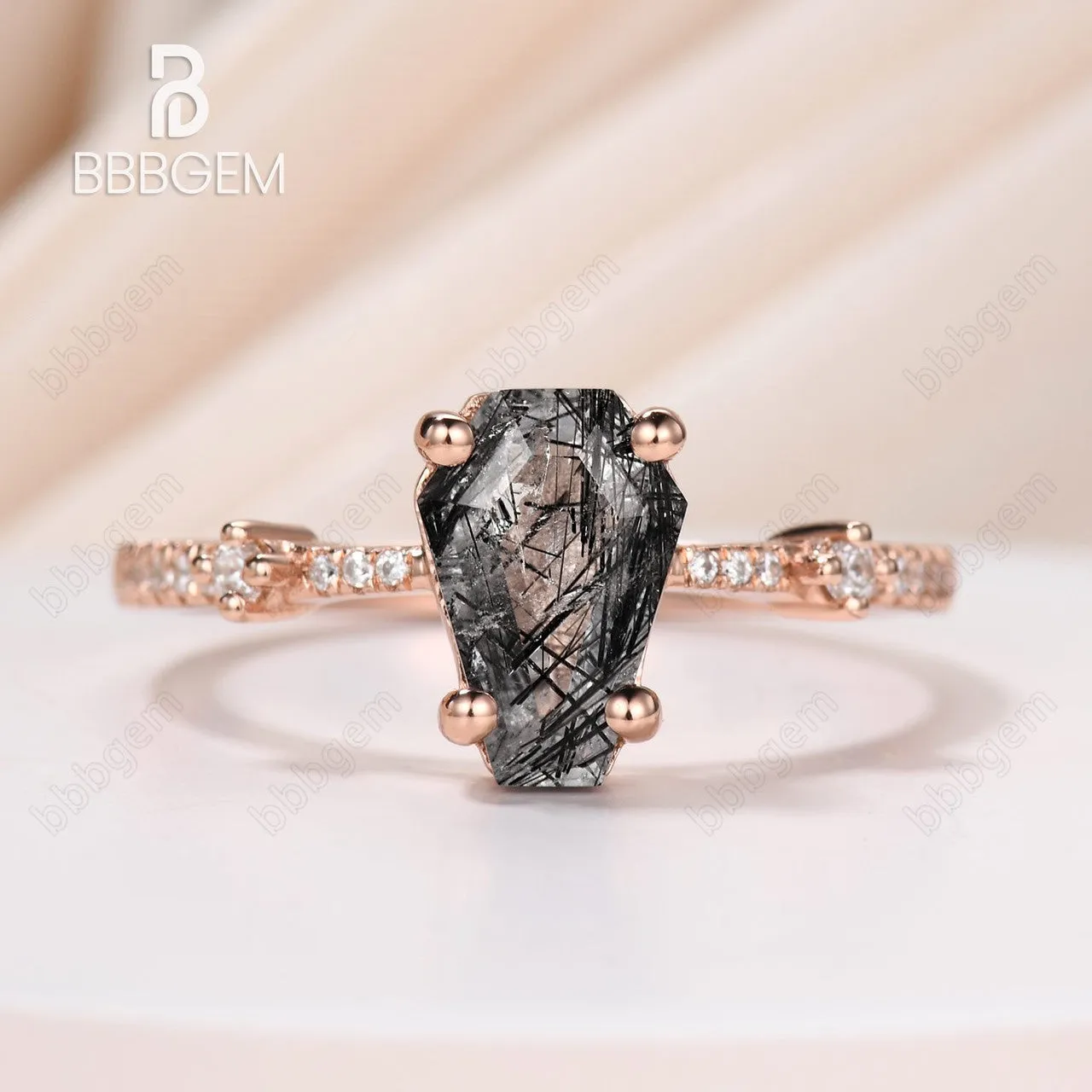 Art Deco Coffin Shaped Black Rutilated Quartz Engagement Ring Vintage Antique Wedding Ring