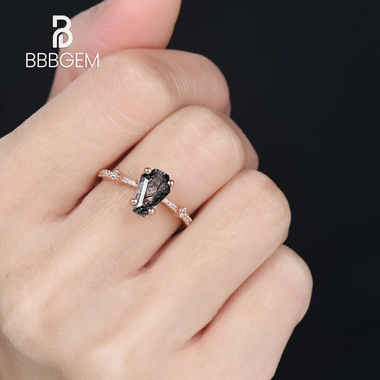Art Deco Coffin Shaped Black Rutilated Quartz Engagement Ring Vintage Antique Wedding Ring