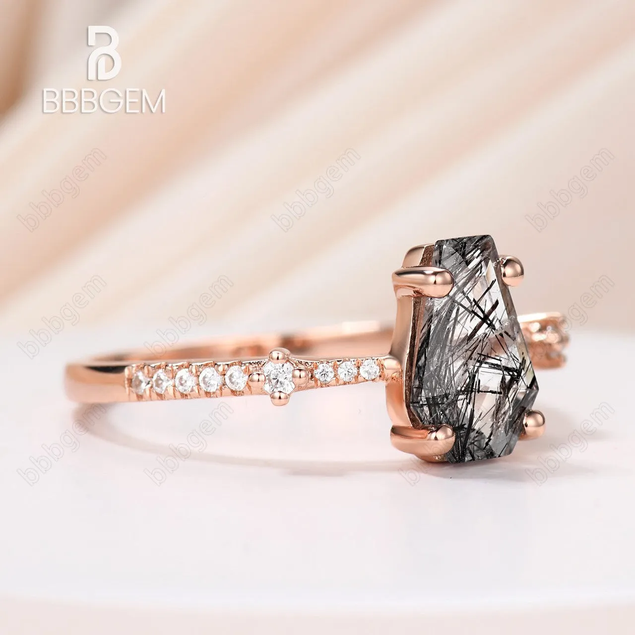 Art Deco Coffin Shaped Black Rutilated Quartz Engagement Ring Vintage Antique Wedding Ring