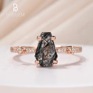 Art Deco Coffin Shaped Black Rutilated Quartz Engagement Ring Vintage Antique Wedding Ring