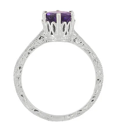 Art Deco Crown Filigree Scrolls Amethyst Engagement Ring in Platinum