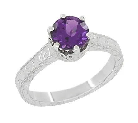 Art Deco Crown Filigree Scrolls Amethyst Engagement Ring in Platinum