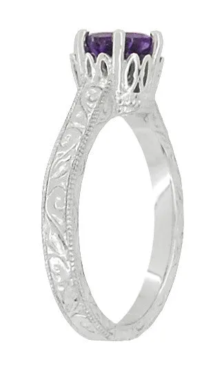 Art Deco Crown Filigree Scrolls Amethyst Engagement Ring in Platinum