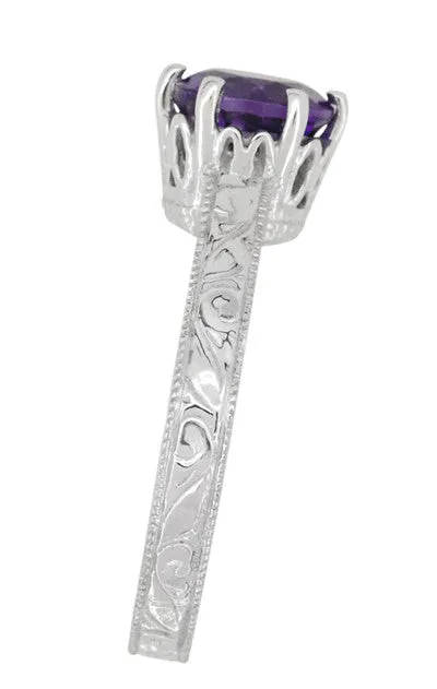 Art Deco Crown Filigree Scrolls Amethyst Engagement Ring in Platinum