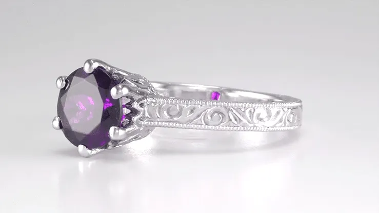 Art Deco Crown Filigree Scrolls Amethyst Engagement Ring in Platinum