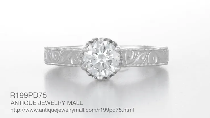 Art Deco Crown Filigree Scrolls Engraved 3/4 Carat Solitaire Diamond Engagement Ring in Platinum