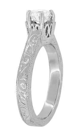 Art Deco Crown Filigree Scrolls Engraved 3/4 Carat Solitaire Diamond Engagement Ring in Platinum