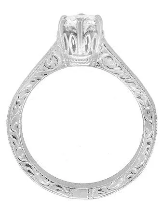 Art Deco Crown Filigree Scrolls Engraved 3/4 Carat Solitaire Diamond Engagement Ring in Platinum