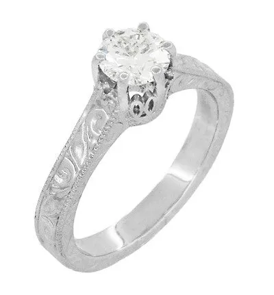 Art Deco Crown Filigree Scrolls Engraved 3/4 Carat Solitaire Diamond Engagement Ring in Platinum