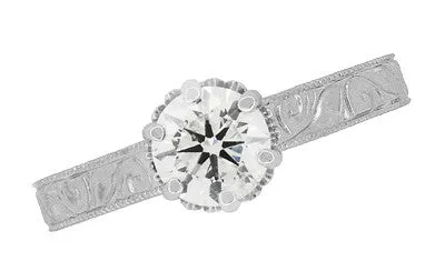 Art Deco Crown Filigree Scrolls Engraved 3/4 Carat Solitaire Diamond Engagement Ring in Platinum