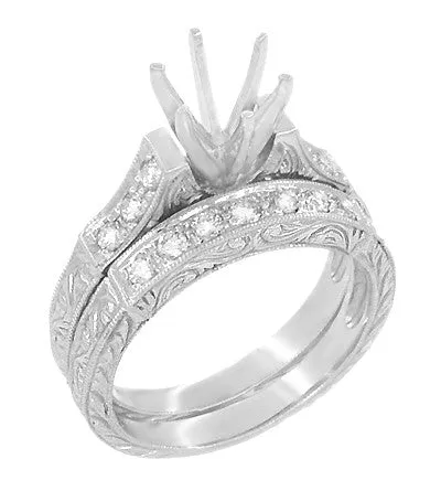 Art Deco Engraved Scrolls 1 Carat Diamond Engagement Ring Setting and Wedding Ring Set in White Gold