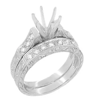 Art Deco Engraved Scrolls 1 Carat Diamond Engagement Ring Setting and Wedding Ring Set in White Gold