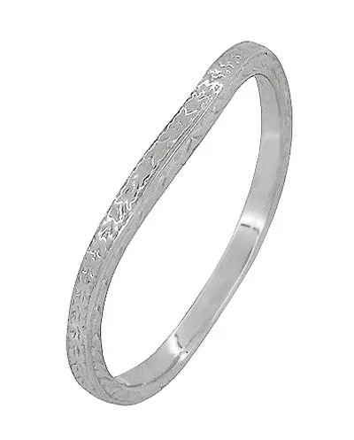 Art Deco Engraved Wheat Thin Curved Wedding Ring in 14 Karat White Gold