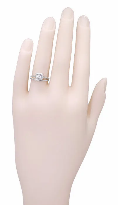 Art Deco Engraved Wheat Thin Curved Wedding Ring in 14 Karat White Gold