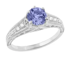 Art Deco Filigree Tanzanite Engagement Ring in Platinum with Diamonds