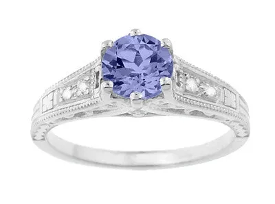 Art Deco Filigree Tanzanite Engagement Ring in Platinum with Diamonds
