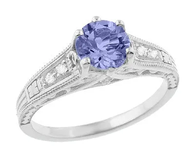 Art Deco Filigree Tanzanite Engagement Ring in Platinum with Diamonds