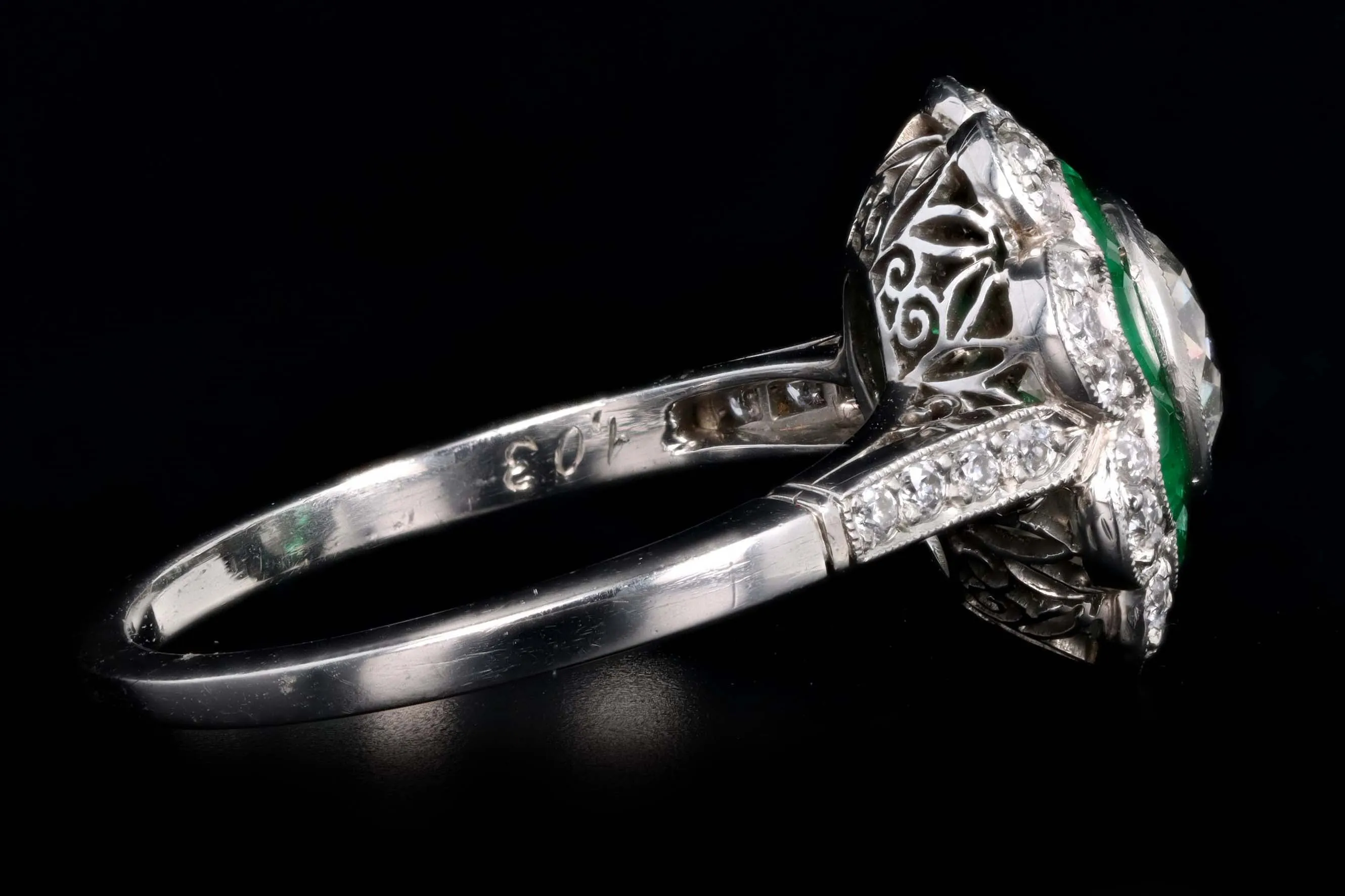 Art Deco Inspired Platinum 1.03 Carat Old European Diamond & Natural Emerald Engagement Ring