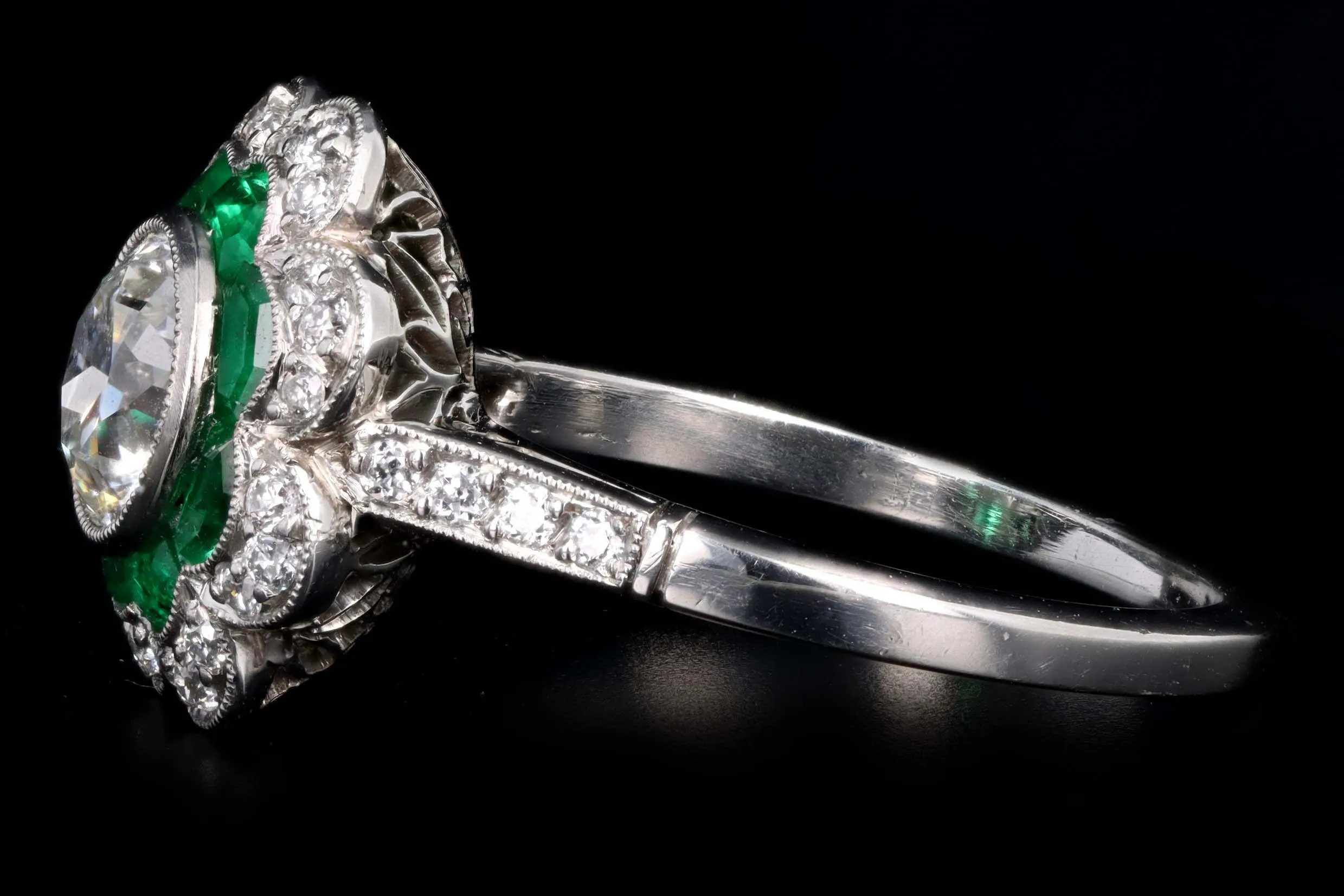 Art Deco Inspired Platinum 1.03 Carat Old European Diamond & Natural Emerald Engagement Ring