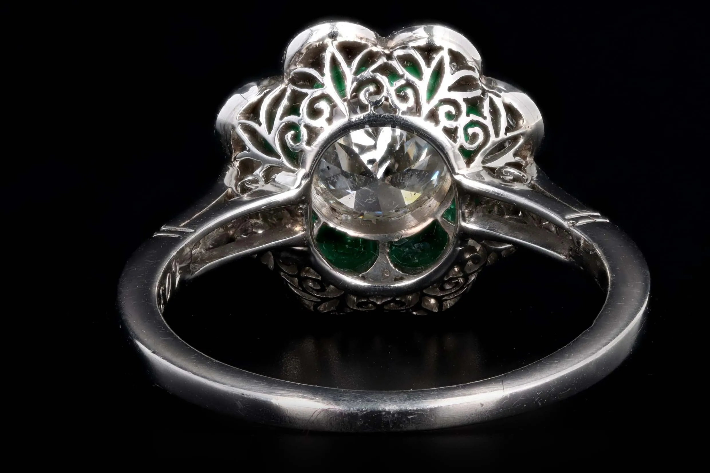 Art Deco Inspired Platinum 1.03 Carat Old European Diamond & Natural Emerald Engagement Ring