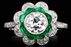 Art Deco Inspired Platinum 1.03 Carat Old European Diamond & Natural Emerald Engagement Ring