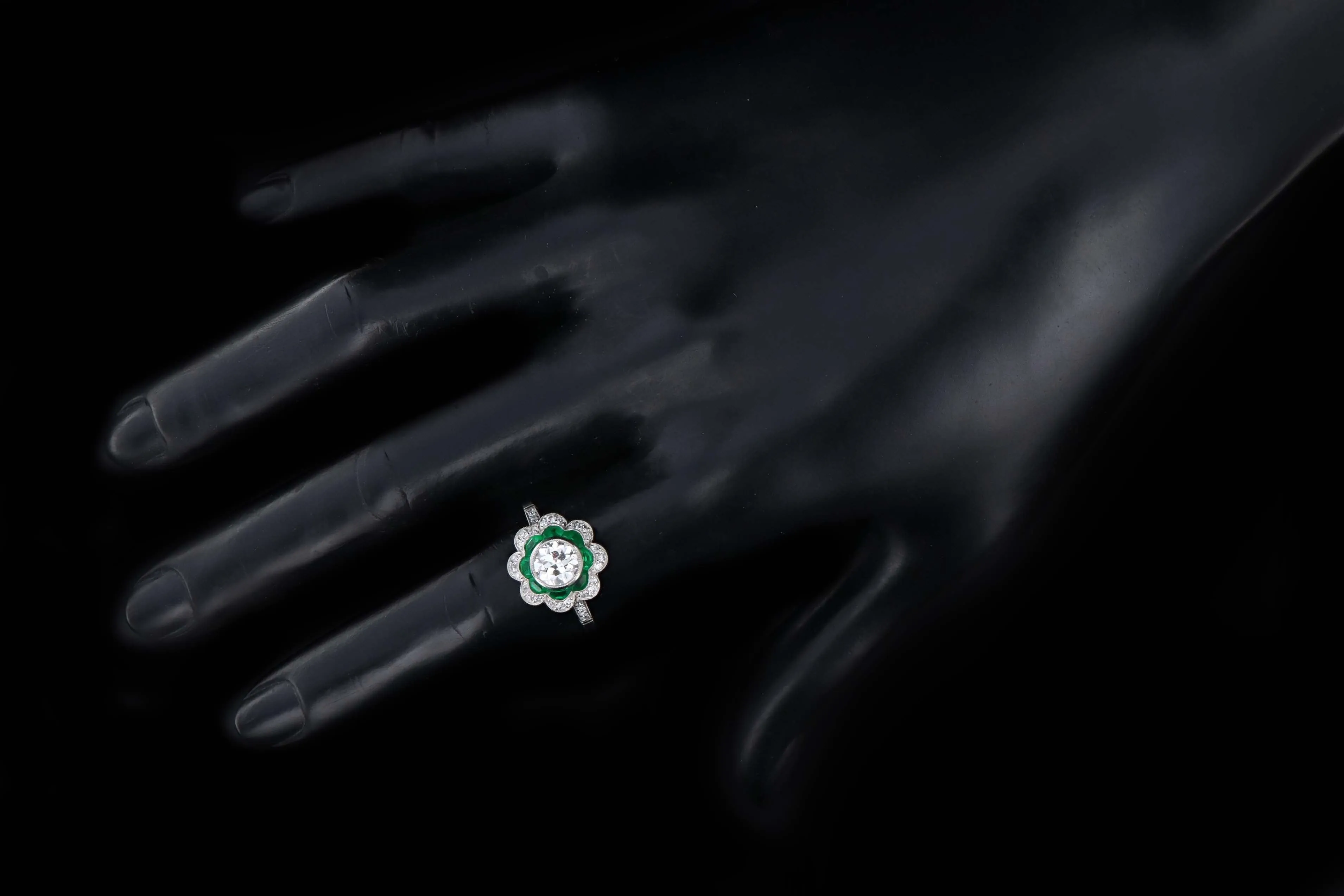 Art Deco Inspired Platinum 1.03 Carat Old European Diamond & Natural Emerald Engagement Ring