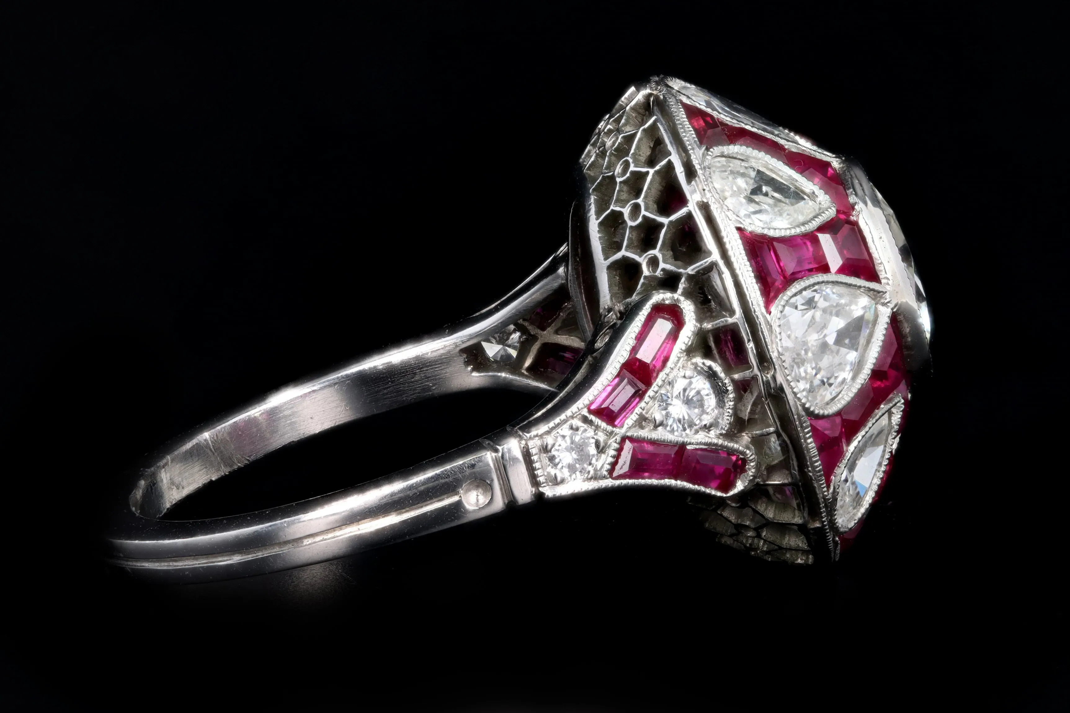 Art Deco Inspired Platinum 1.14 Carat Old European Cut Diamond & Natural Ruby Ring