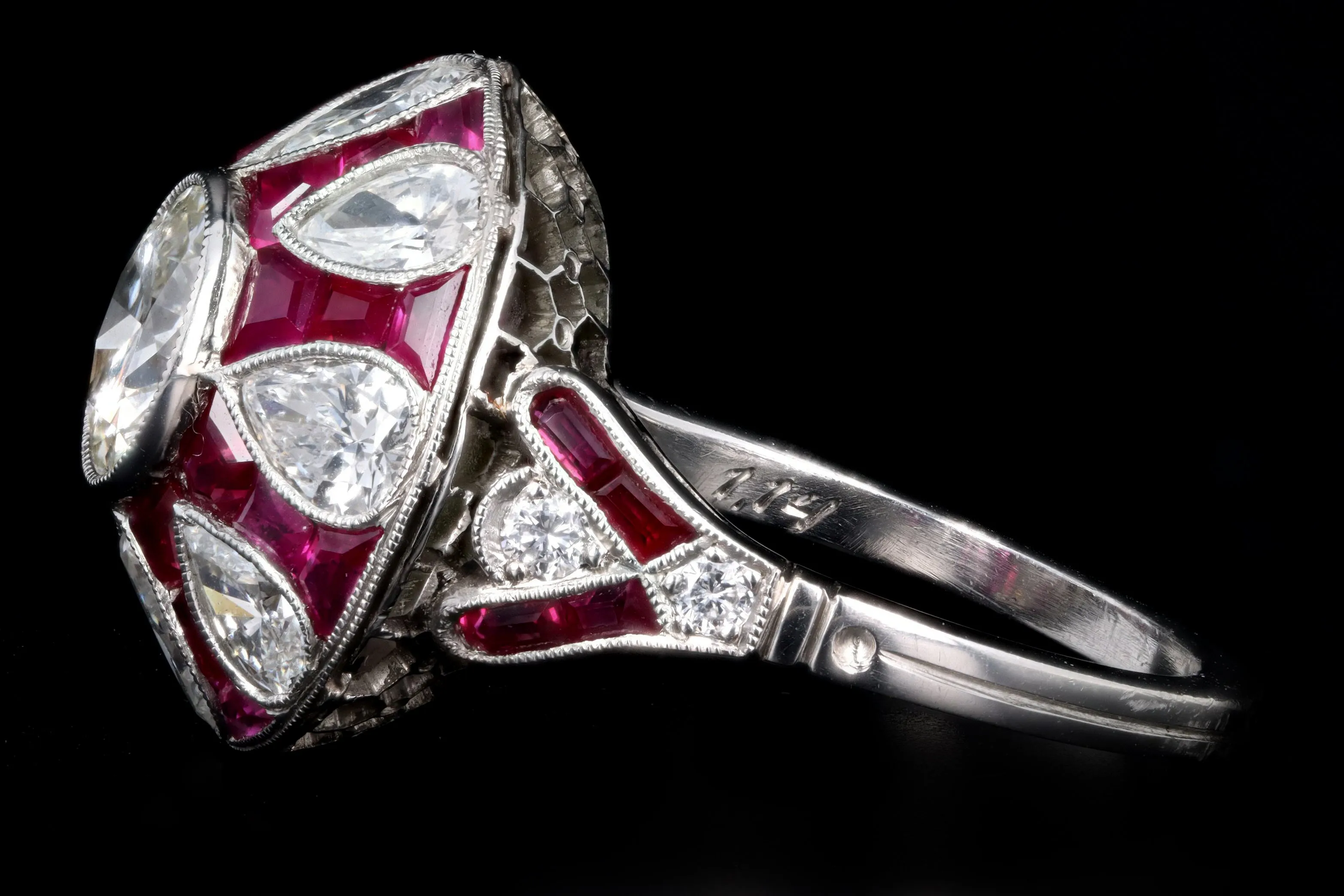 Art Deco Inspired Platinum 1.14 Carat Old European Cut Diamond & Natural Ruby Ring