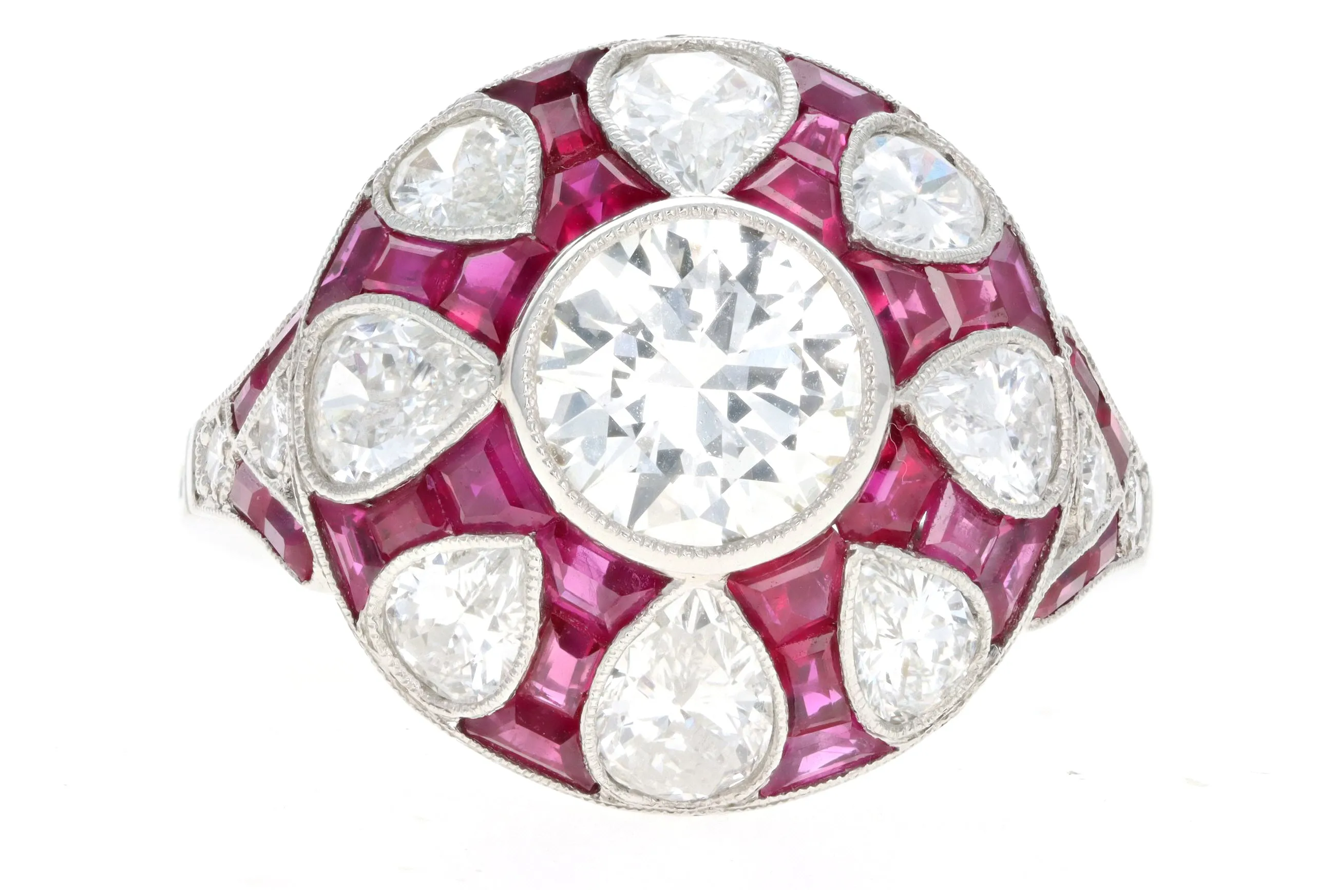Art Deco Inspired Platinum 1.14 Carat Old European Cut Diamond & Natural Ruby Ring
