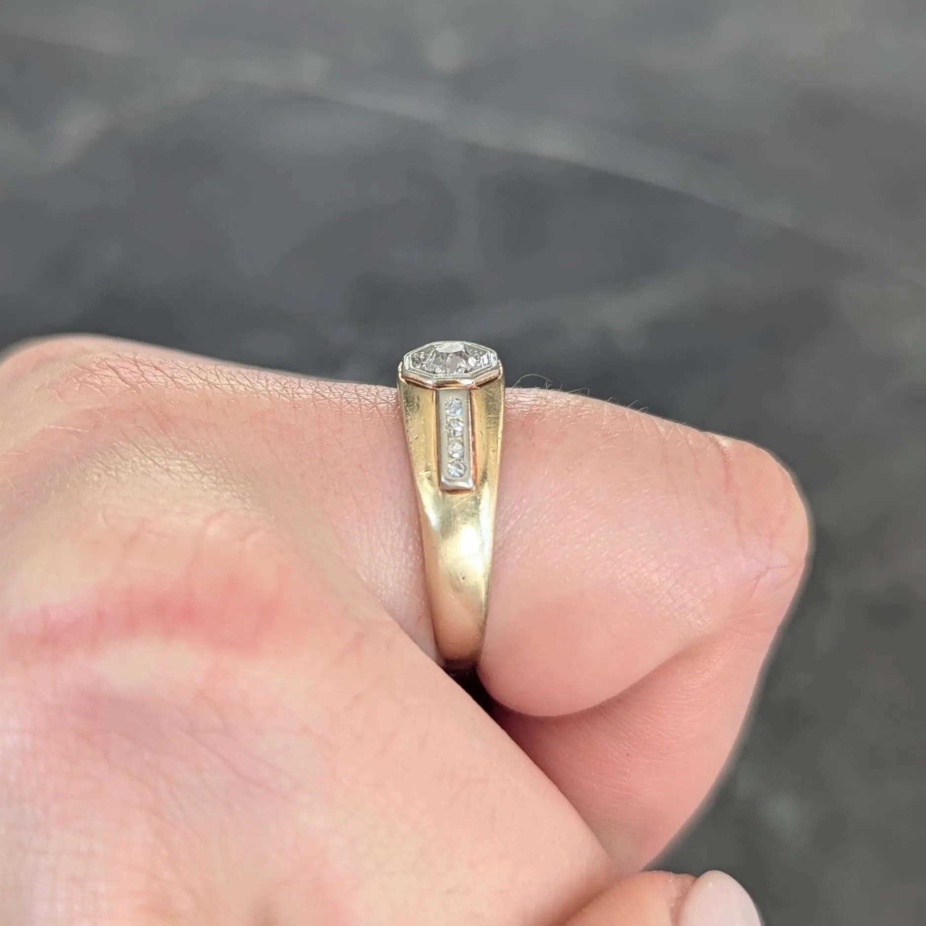 Art Deco Old Mine Cut Diamond Platinum 15 Karat Yellow Gold Antique Unisex Ring