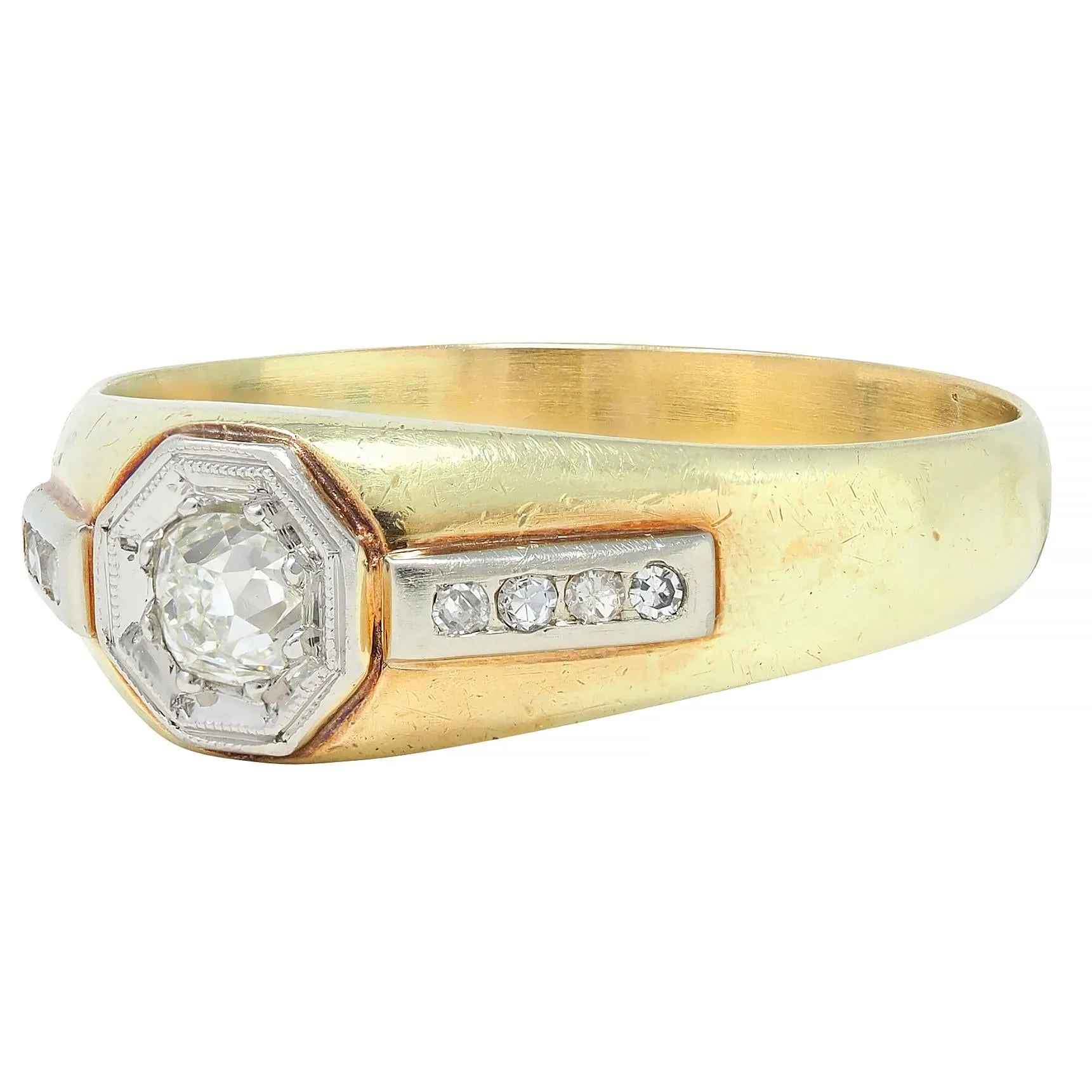 Art Deco Old Mine Cut Diamond Platinum 15 Karat Yellow Gold Antique Unisex Ring