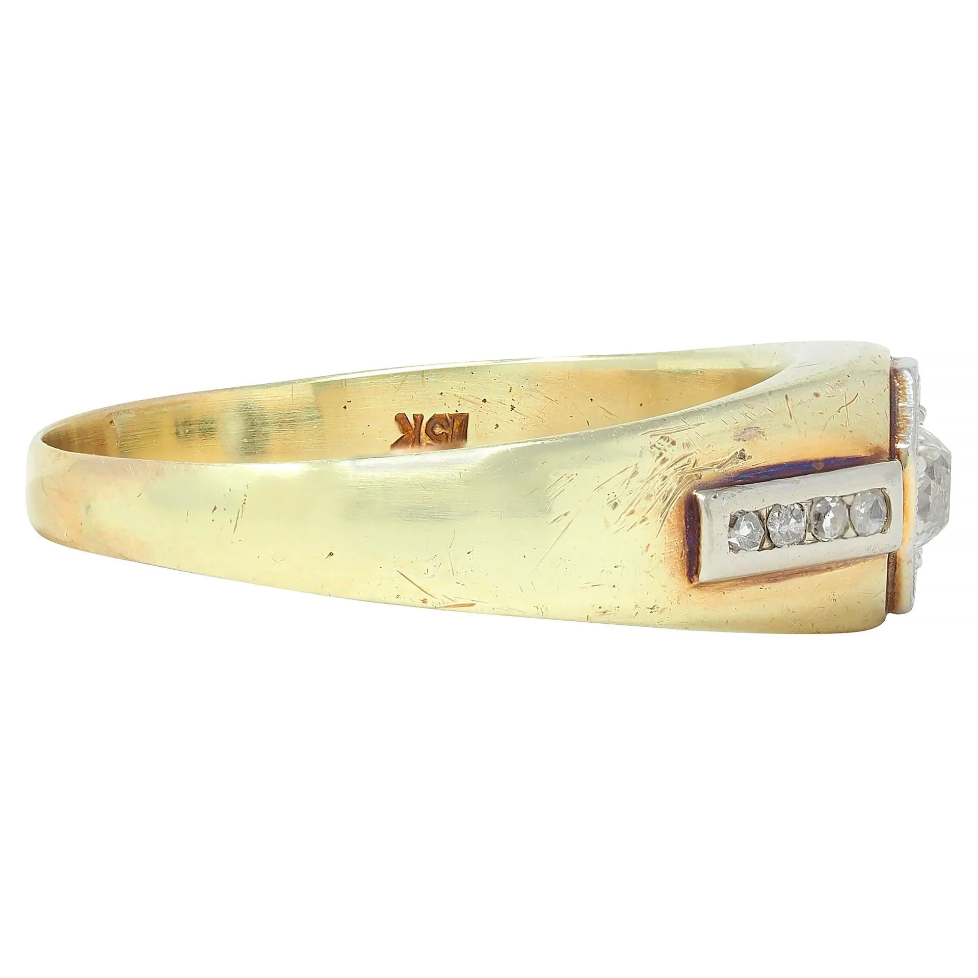 Art Deco Old Mine Cut Diamond Platinum 15 Karat Yellow Gold Antique Unisex Ring