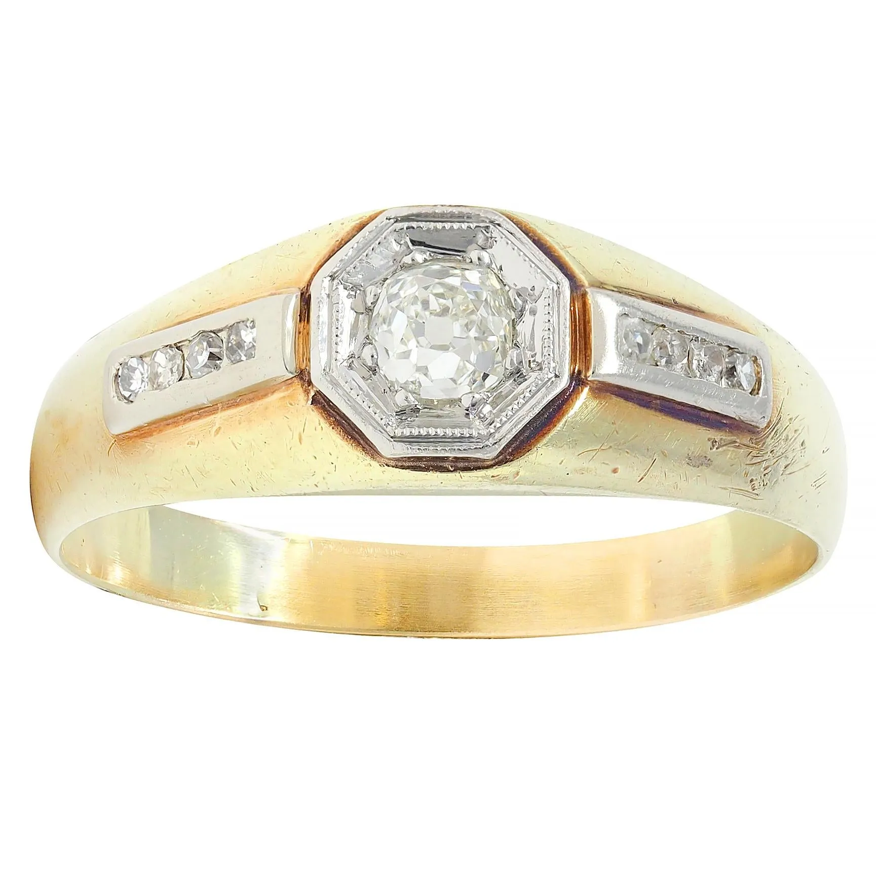 Art Deco Old Mine Cut Diamond Platinum 15 Karat Yellow Gold Antique Unisex Ring