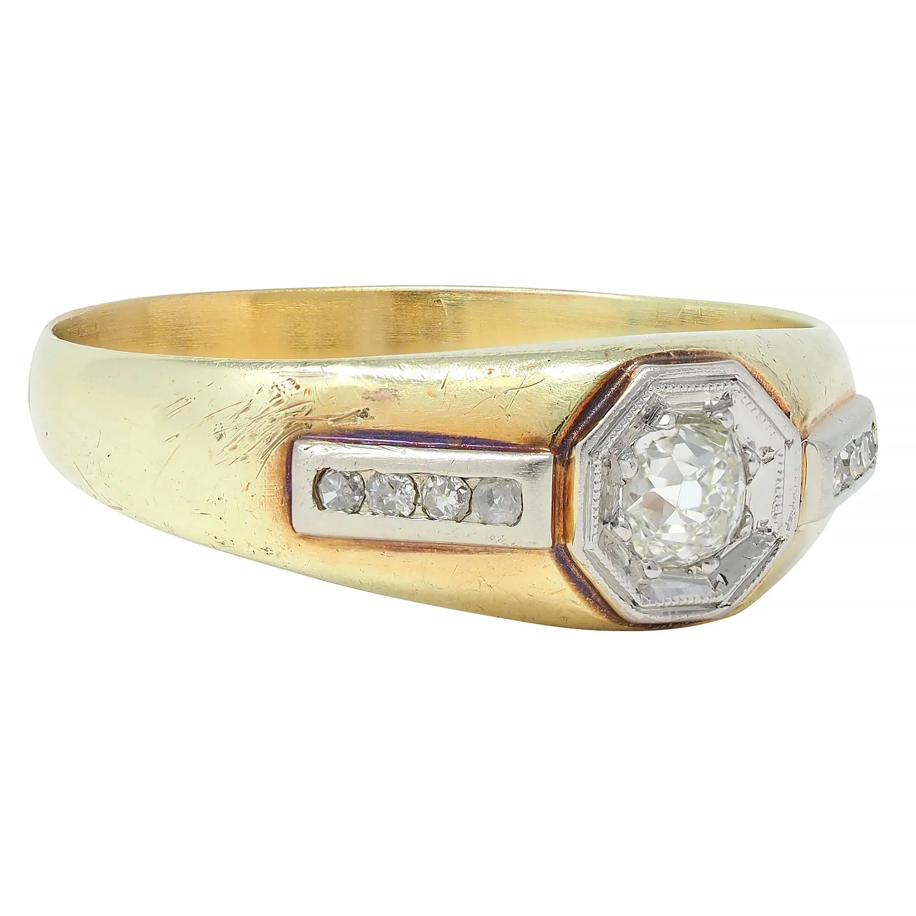 Art Deco Old Mine Cut Diamond Platinum 15 Karat Yellow Gold Antique Unisex Ring
